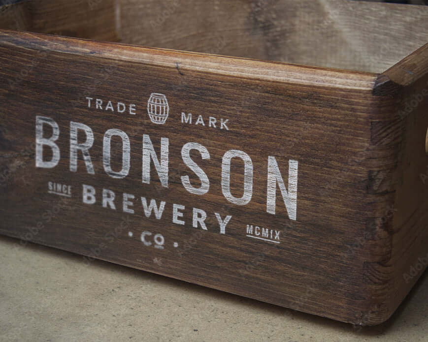 Bronson Brewery wooden crate with trade mark logo and established date MCMIX.