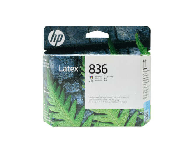 HP Latex 836 Universal Printhead packaging on a green background, compatible with HP Latex Series.
