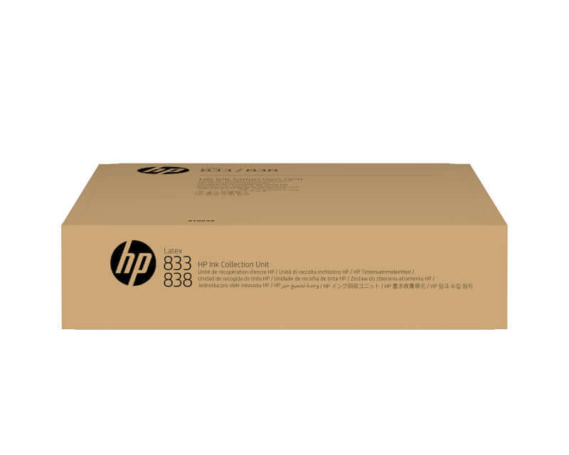 HP Latex 833 / 838 Ink Collection Unit (2 Pack) packaging image showing details and branding.