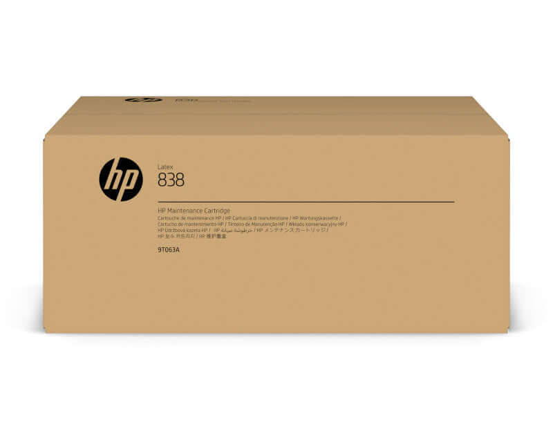 HP Latex 838 Maintenance Cartridge packaging viewed from the side, featuring HP branding and product details.