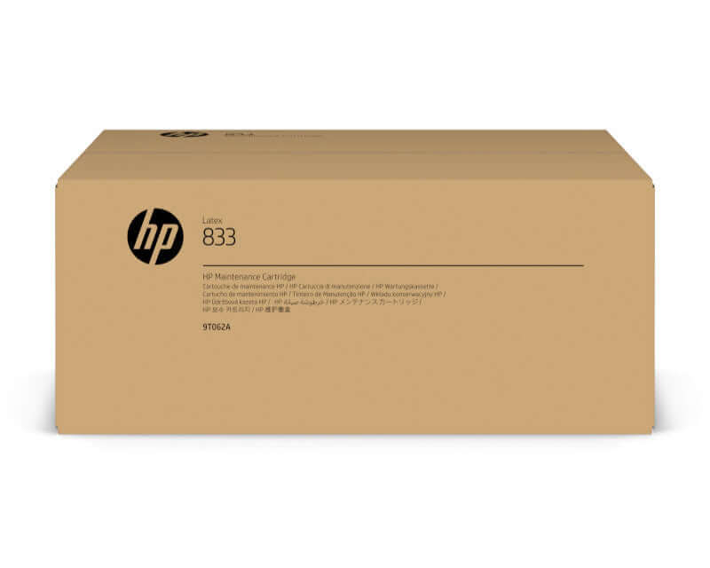 HP Latex 833 Maintenance Cartridge packaging showing the product name and information.