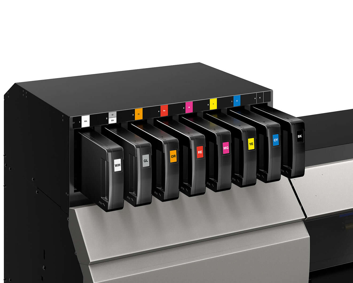 Roland TrueVIS MG2-300 UV Printer / Cutter (30-inch) ink cartridges with color labels.