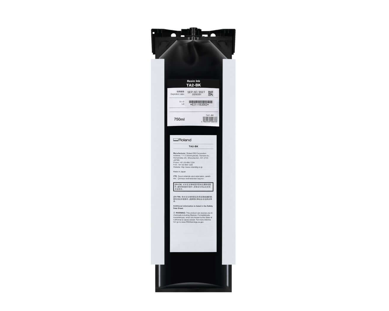 Roland TA2 Latex AG-640 Ink Pouches - 750ml, Black ink pouch with label and information.