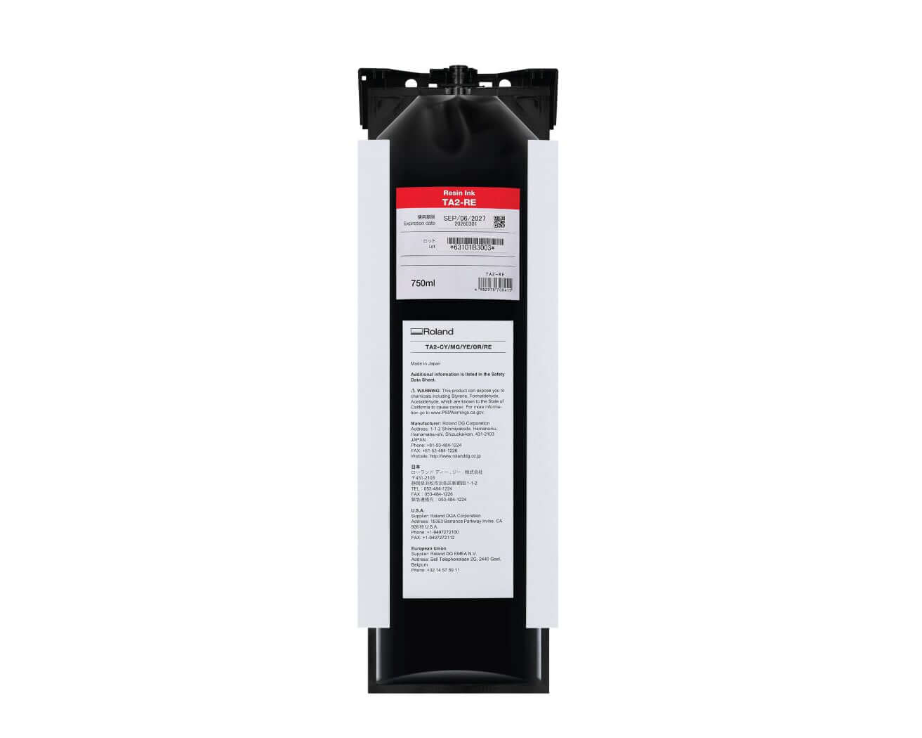 Roland TA2 Latex AG-640 Ink Pouches - 750ml, Red ink pouch with detailed label and specifications.