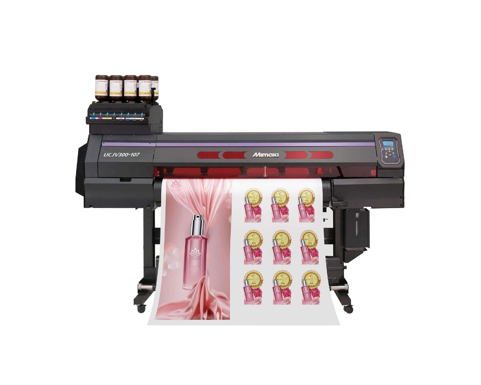 Mimaki UCJV300-107 UV Printer/Cutter (43-inch) printing vibrant images with LUS-170 UV inks.