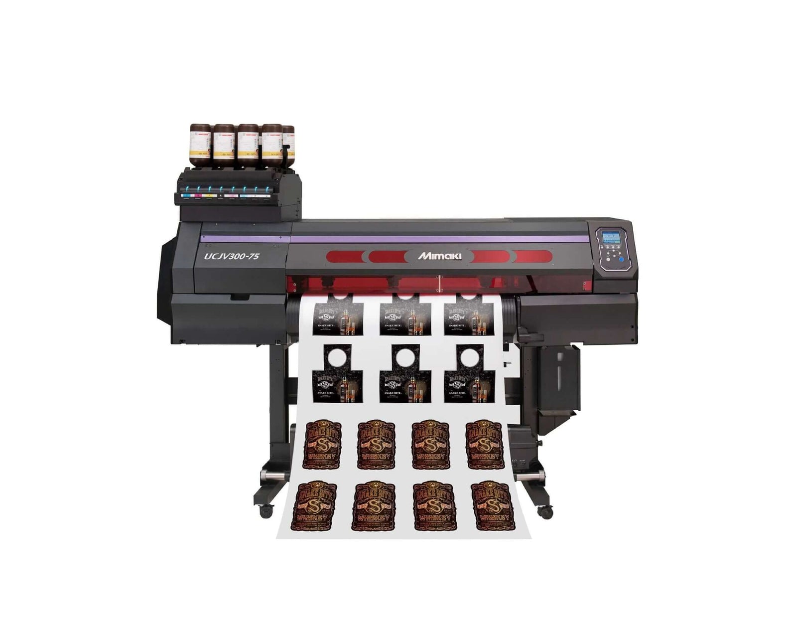 Mimaki UCJV300-75 UV Printer / Cutter (31-inch) printing labels and graphics with vibrant colors.