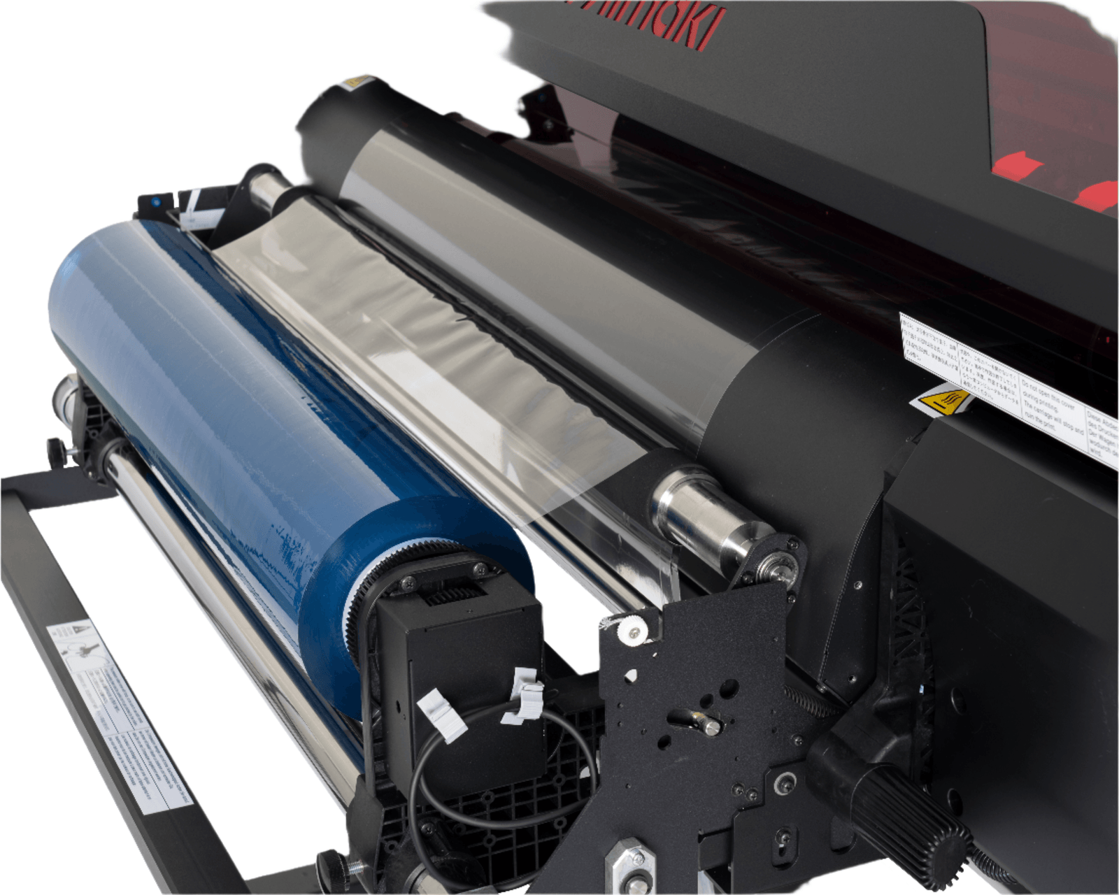 Close-up of the Mimaki UJV300DTF-75 Printer (25-inch) rollers and mechanism for UV Direct-to-Film printing.