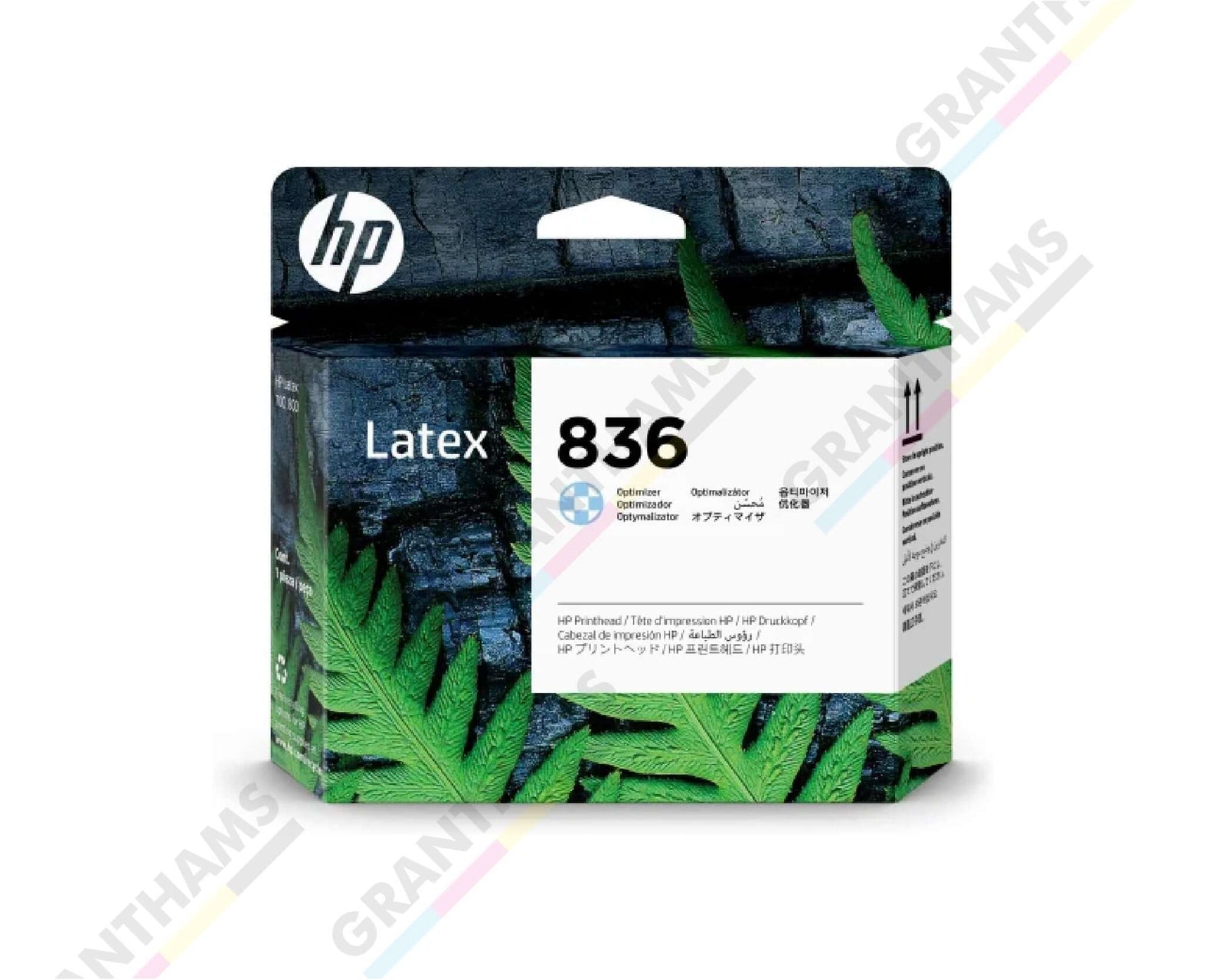 HP Latex 630 Consumables No 836 Latex Optimizer Printhead packaging with green leaf design.
