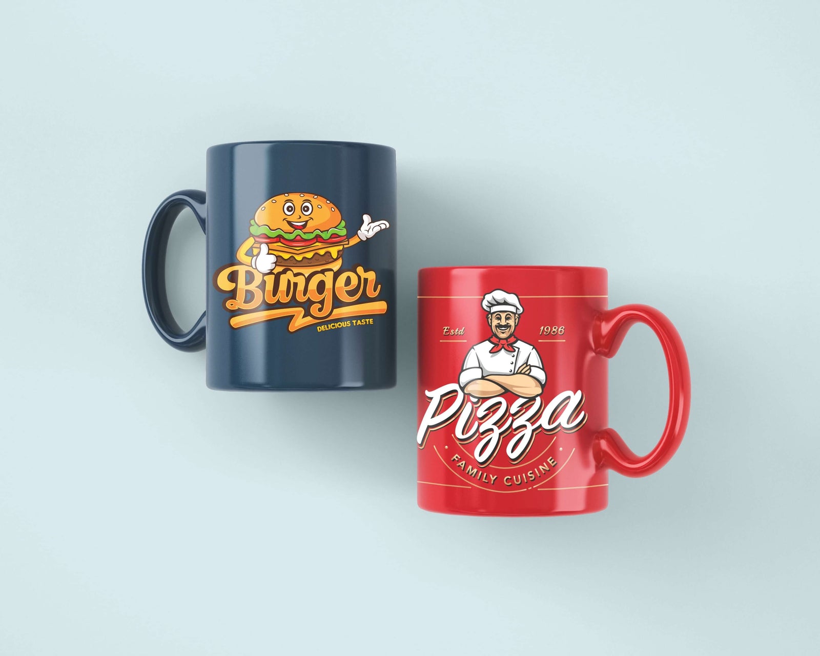 Two mugs featuring cartoon burger and pizza designs against a light blue background.