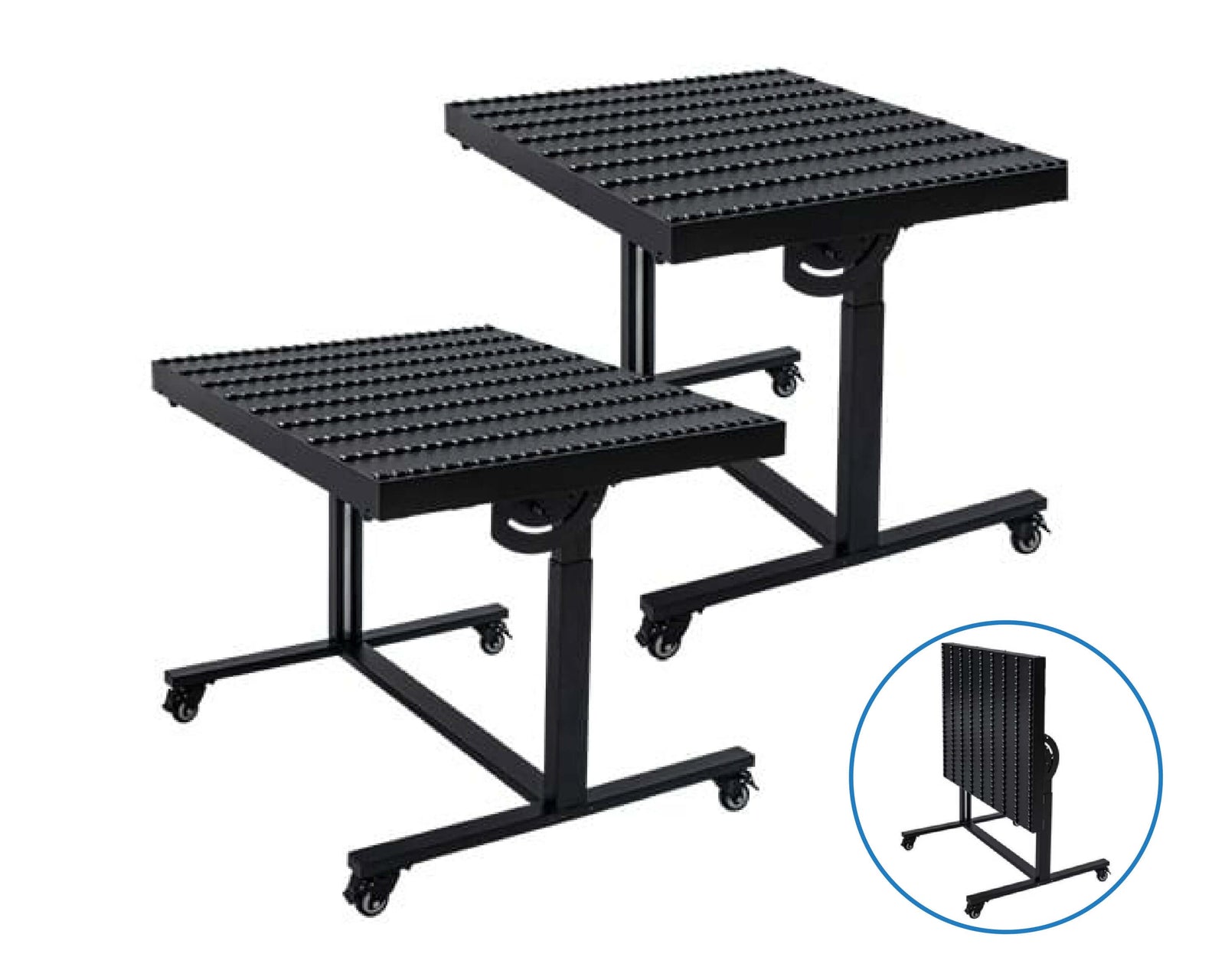 Adjustable black mobile printing tables showcasing versatility and compact design for various print tasks.
