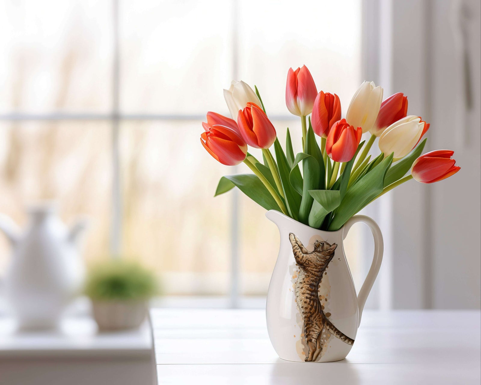 Colorful tulips in a decorative pitcher with a cat design, brightening up the indoor space.