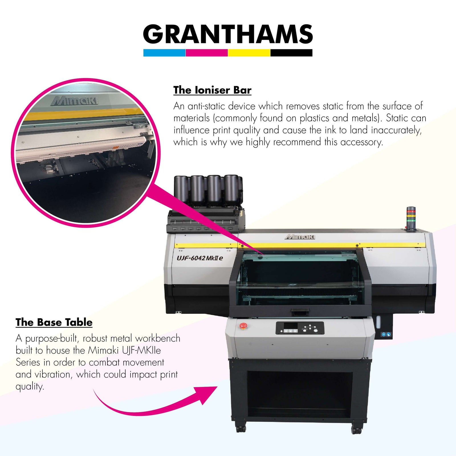 Mimaki UJF-3042 MKII e A3 Flatbed Printer with ioniser bar and base table for improved print quality.