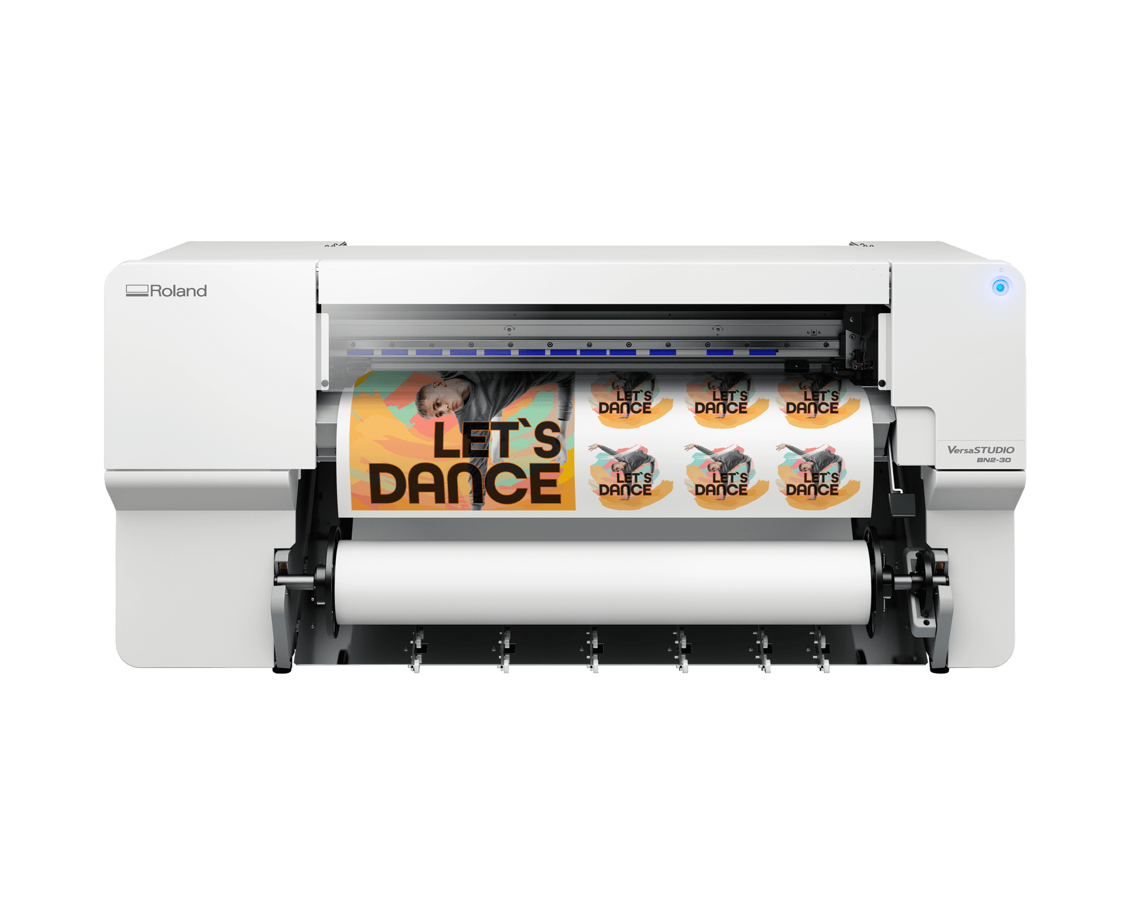 Roland BN2-30 desktop printer and cutter showcasing vibrant printed designs and a user-friendly interface.