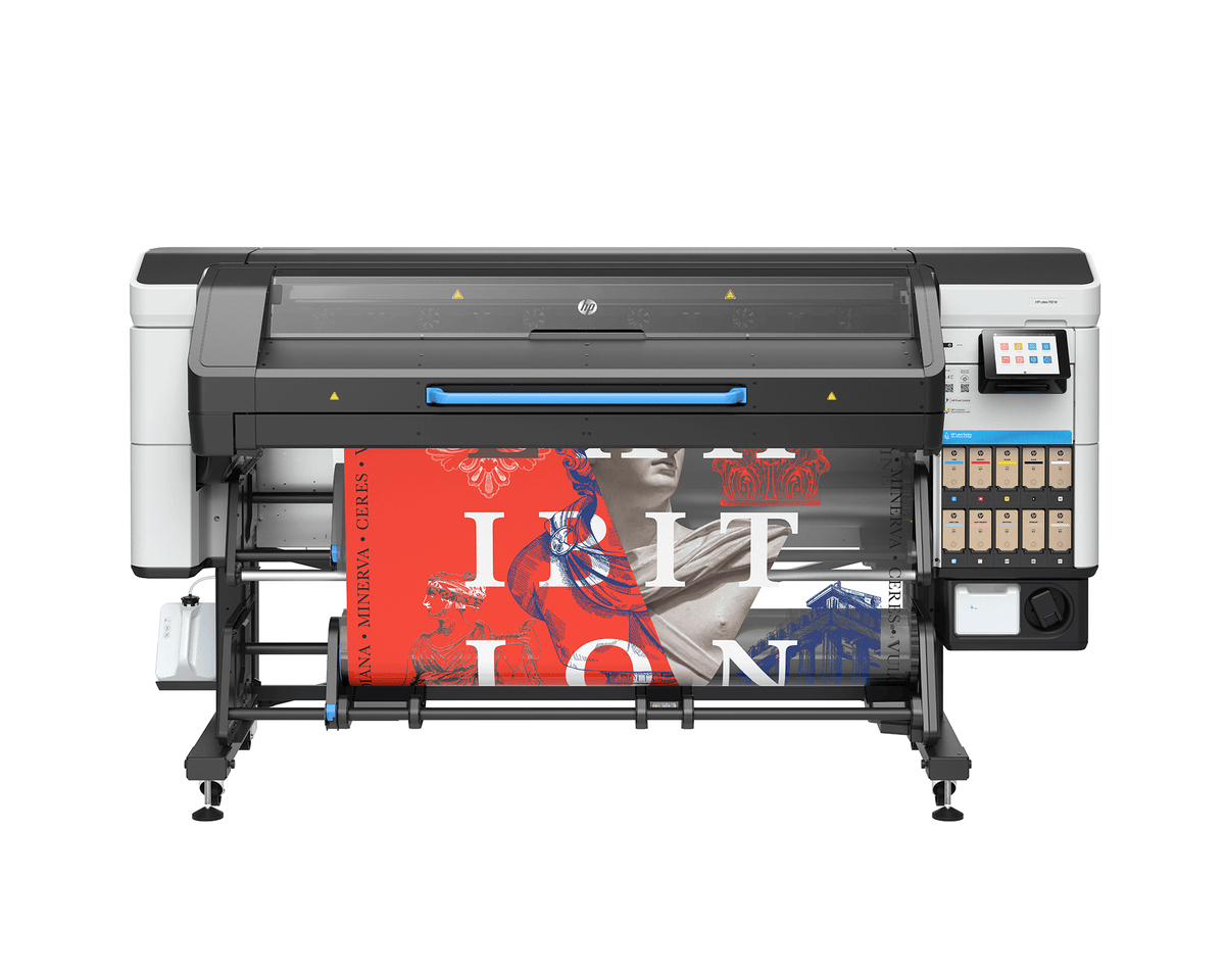 HP Latex 730W printer showcasing vibrant print output, featuring white ink technology for high-quality graphic printing.