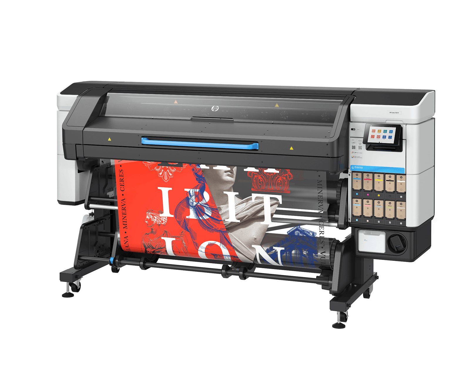 HP Latex 730W printer displaying vibrant color print, ideal for outdoor advertising and high productivity.