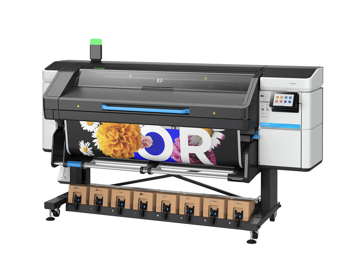 HP Latex 830 printer showcasing vibrant graphics, ideal for high-quality indoor and outdoor printing jobs.