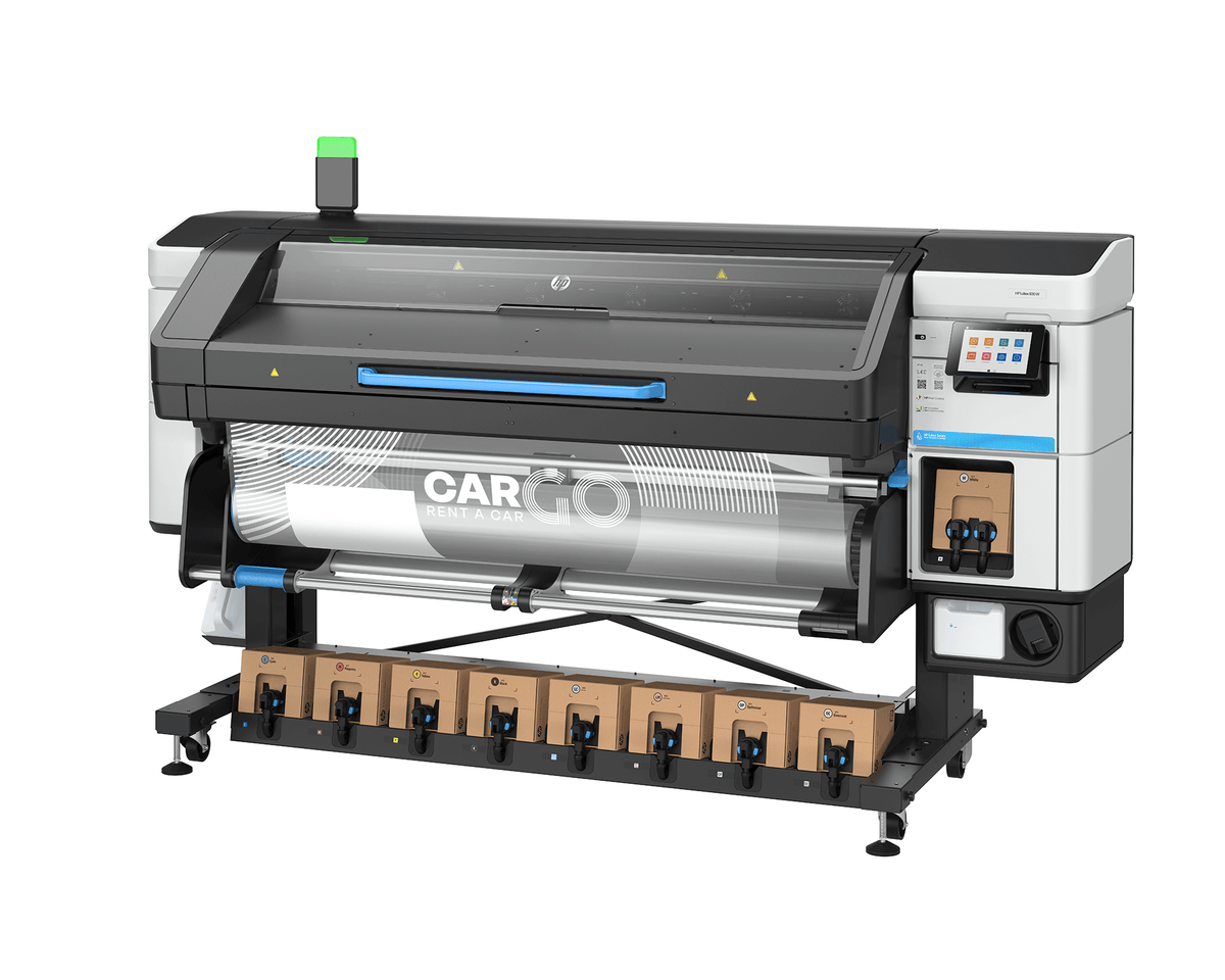 HP Latex 830W printer showcasing vibrant graphics and advanced printing technology for indoor and outdoor applications.