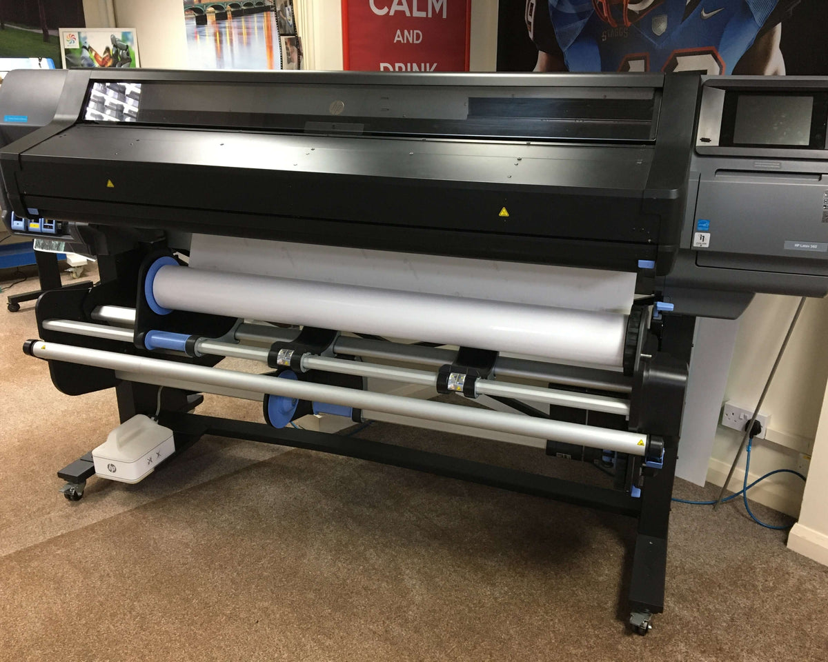Refurbished HP Latex 560 64-inch printer with automatic take-up unit and floor stand available for sale.