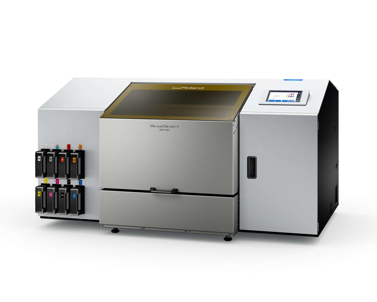Roland VersaOBJECT MO-180 UV flatbed printer with CMYK and white ink options, ideal for high-speed digital printing.