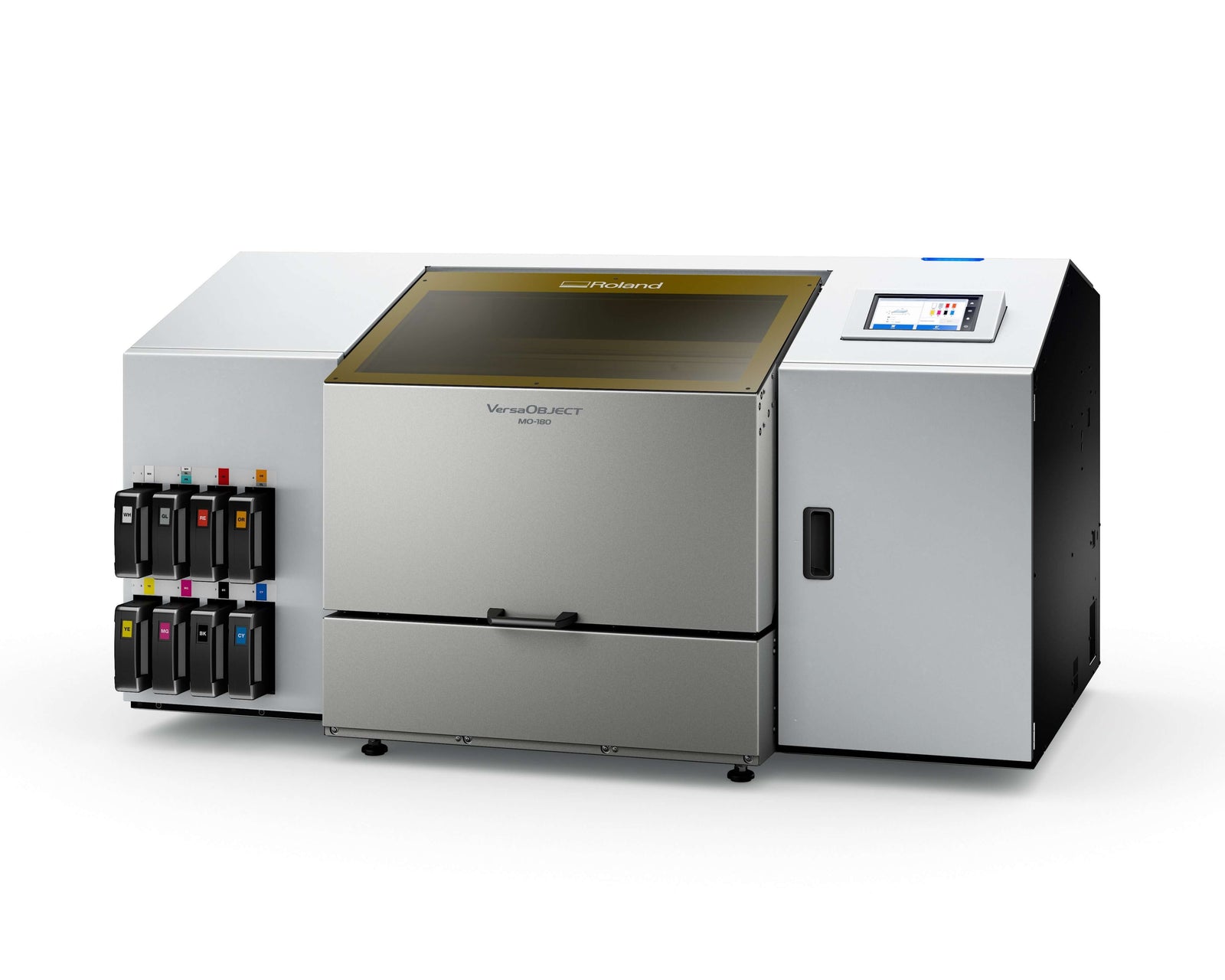 Roland VersaOBJECT MO-180 UV flatbed printer with CMYK and white ink options, ideal for high-speed digital printing.