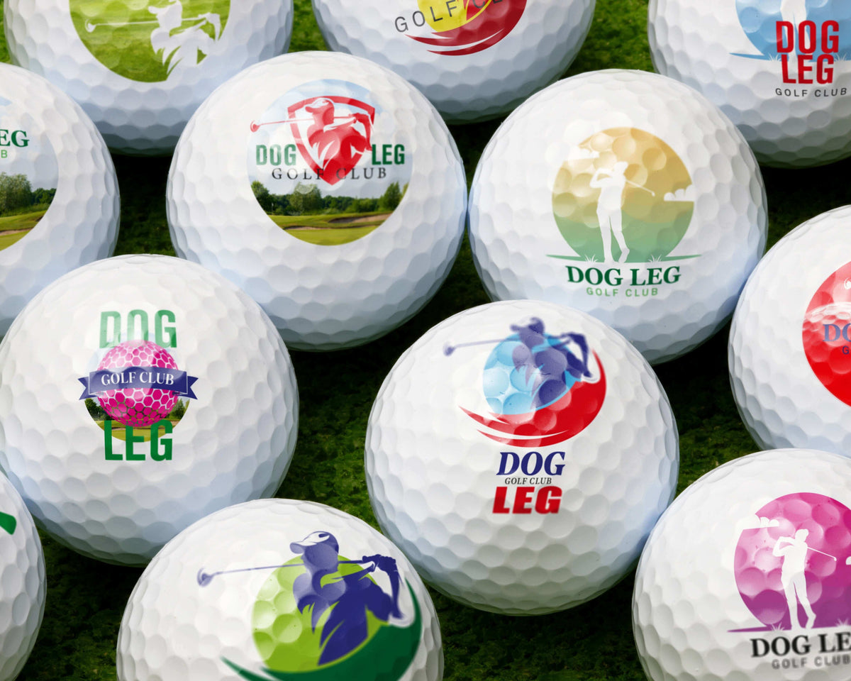 Collection of golf balls featuring various logos, including Dog Leg Golf Club, on a green background.