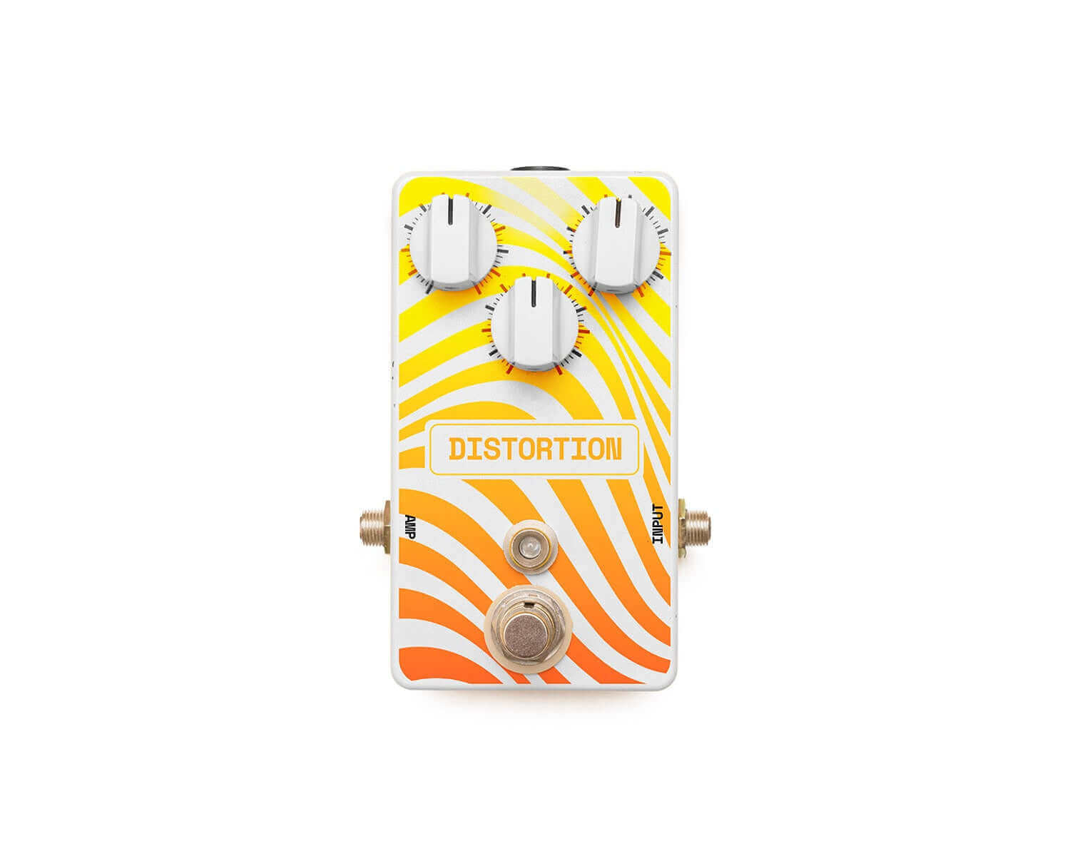 Colorful guitar distortion pedal with three knobs and a vibrant design.