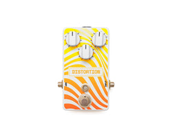 Colorful guitar distortion pedal with three knobs and a vibrant design.