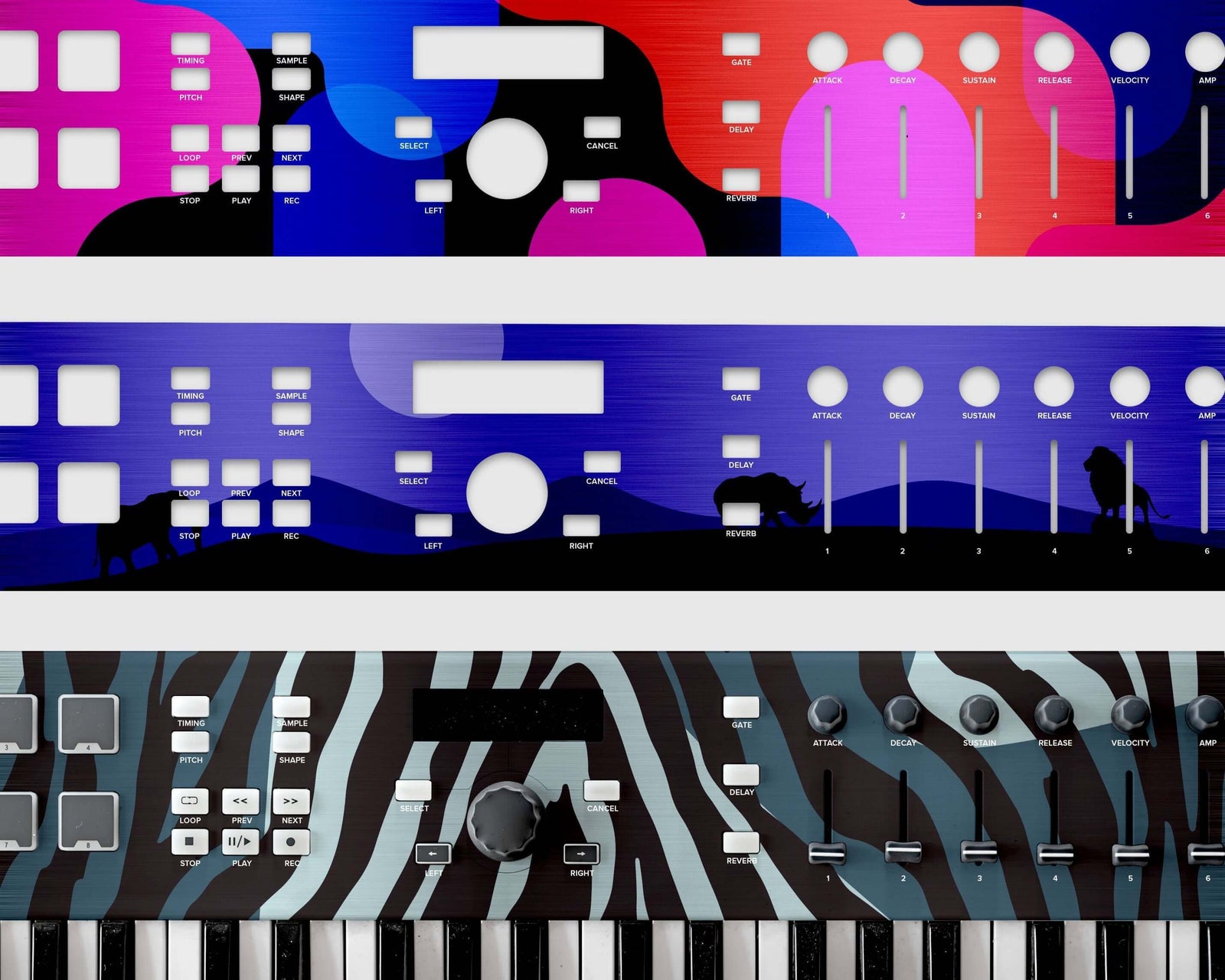 Close-up of a colorful electronic keyboard with graphic panels and black and white zebra pattern keys.