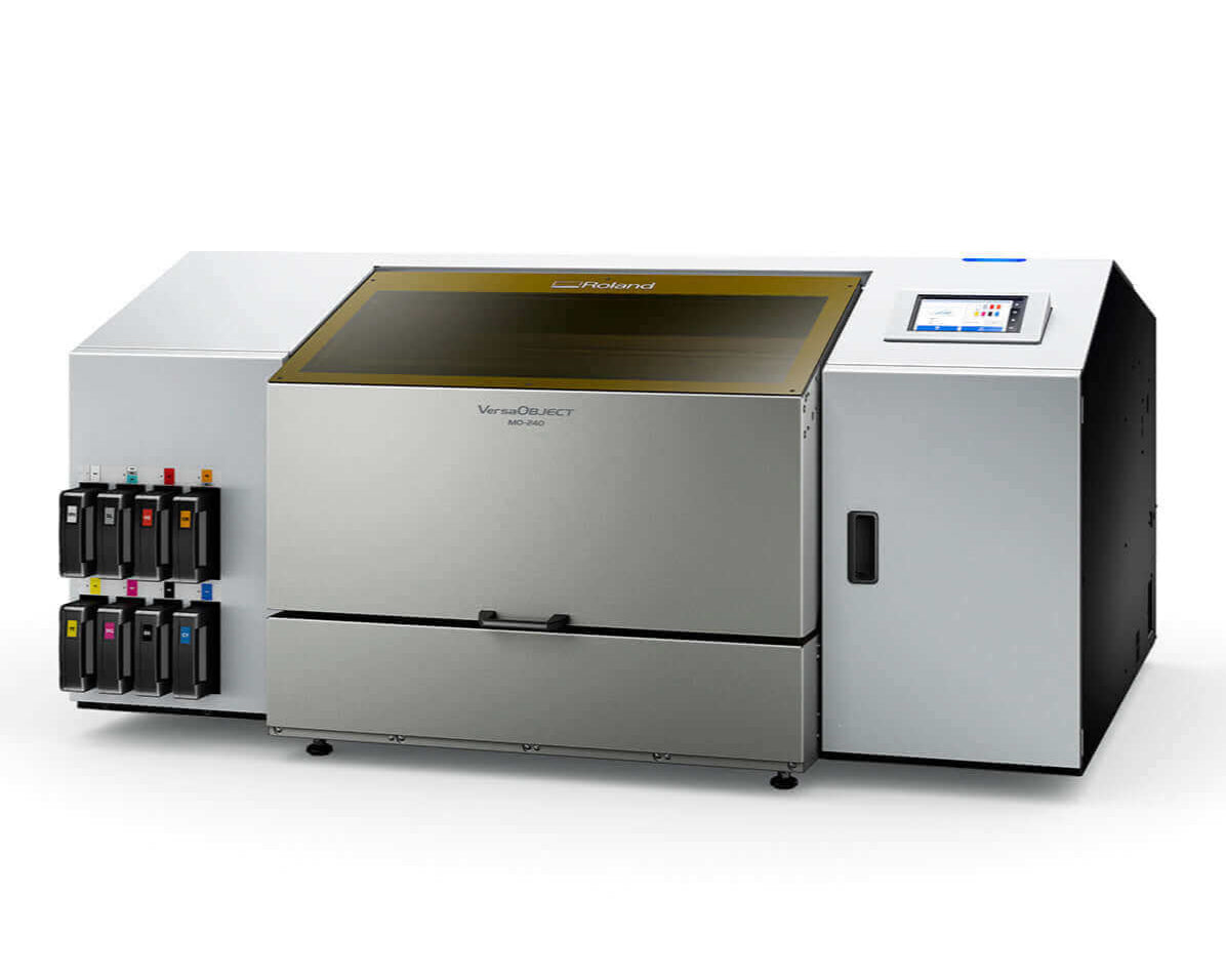 Roland VersaOBJECT MO-180 UV Flatbed Printer showcasing its sleek design and ink cartridges for high-definition printing.
