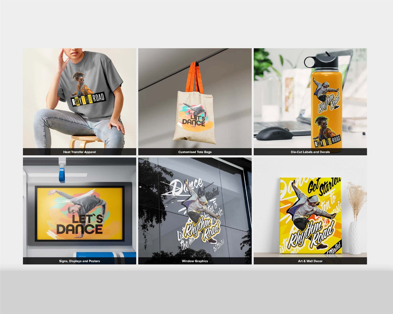 Collage of creative print designs including apparel, tote bags, water bottles, and window graphics.