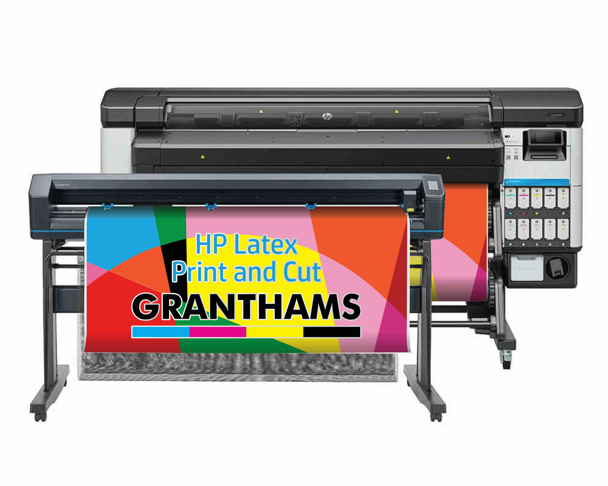 An HP Latex print and cut large format printer shown with a colorful test-pattern sheet mounted on the print bed, against a plain white background.