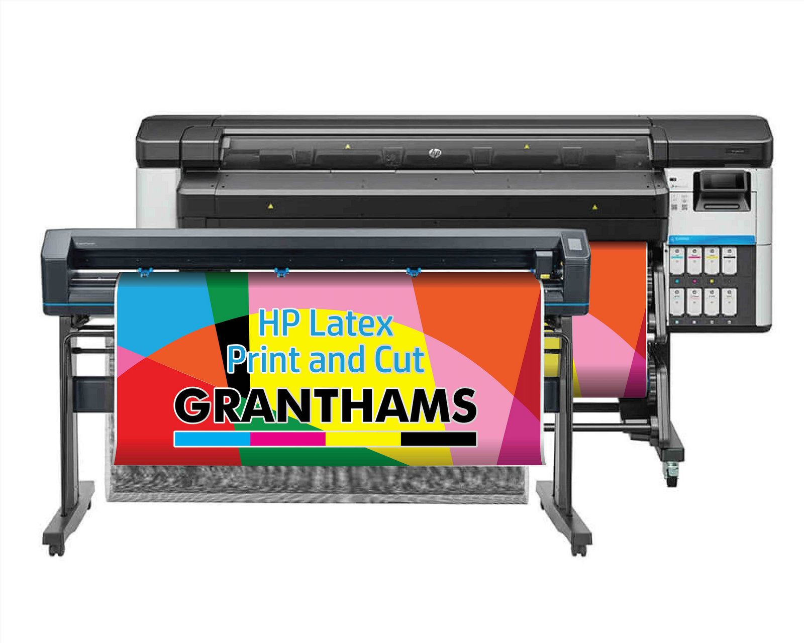 An HP Latex print and cut large format printer shown with a colorful test-patterned sheet loaded into the machine on a white background.