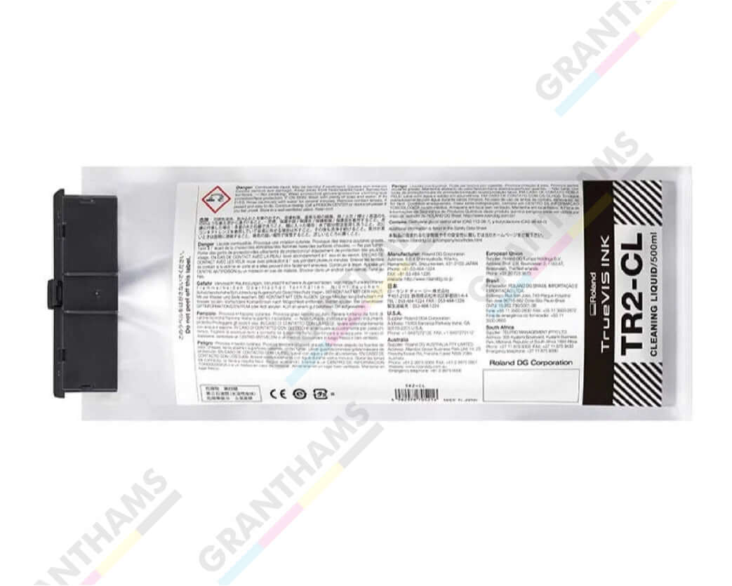 Roland VG3 TR2-CL cleaning ink specifically designed for solvent printers and cutters.
