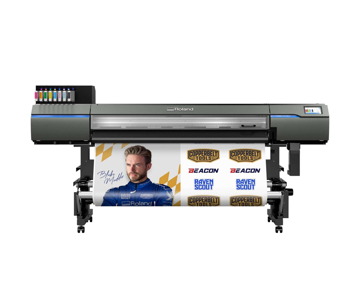 Roland TrueVIS XG-640 printer with vibrant color print, showcasing high-quality graphics and productivity.